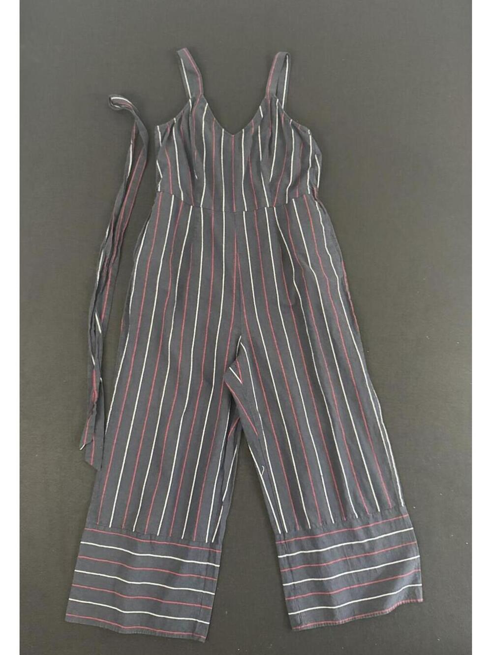 Striped Sleeveless Jumpsuit with Tie Waist Size Large